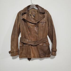 Vintage Y2K Banana Republic Brown Leather Belted Double Breasted Sz S Coat